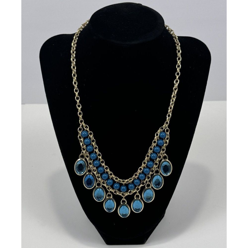 Vintage Gold-Tone Chain Necklace with Blue Gemstone Accents, Bib Statement, 18"